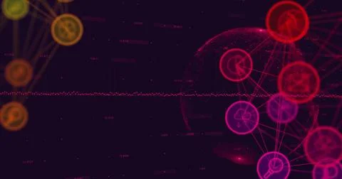 Image of data stream and networks of data and communication icons over globe on Stock Illustration