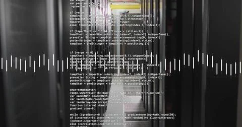 Image of data stream and text data files processing over dark computer server Foto stock