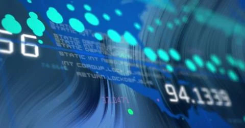 Image of data stream processing over blue world map and swirling background Stock Photos