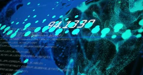 Image of data stream processing over blue world map and network waves on black Foto stock