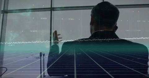 Image of data stream processing over caucasian businessman talking on smartphone 스톡 사진