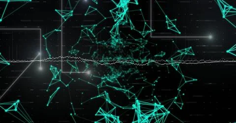 Image of data stream processing over glowing green networks on black background Stock Photos