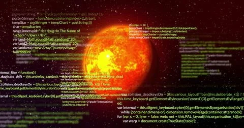 Image of data text processing data over orange globe in space Foto stock