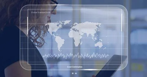 Image of data with world map over caucasian businesswoman with tablet Stock Photos