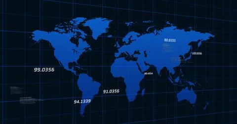 Image of database, numbers floating over map with grid pattern against black Stock Illustration