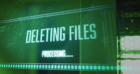 Image of deleting files, processing text on interface over computer server Stock Photos