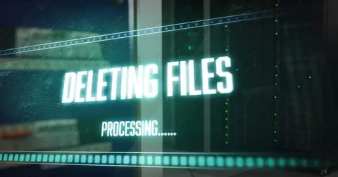 Image of deleting files, processing text on interface over server room Stock Photos