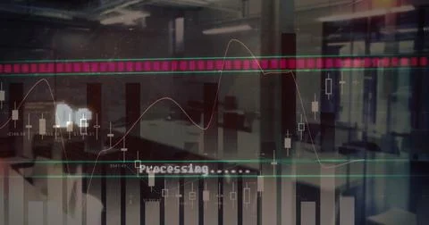 Image of deleting files text over financial data processing and empty office Stock Illustration