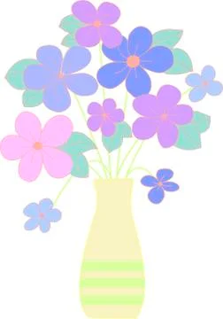 Image of delicate pink and blue flowers in a vase on a white background, in Stock Illustration