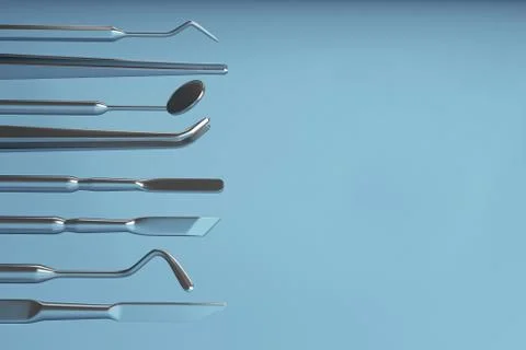 Image of a dentist's tools on a blue background. 3D rendering. Foto stock
