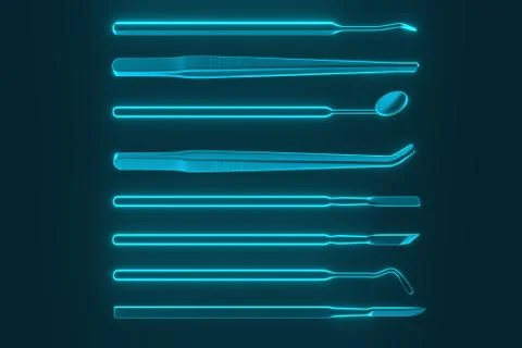 Image of a dentist's tools on a blue background. 3D rendering. Stock Photos