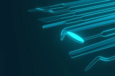 Image of a dentist's tools on a blue background. 3D rendering. Stock Photos