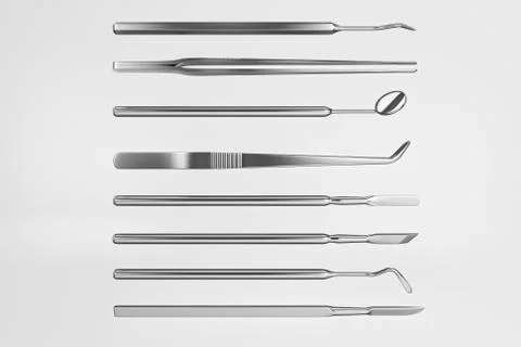 Image of a dentist's tools on a white background. 3D rendering. Stock Photos