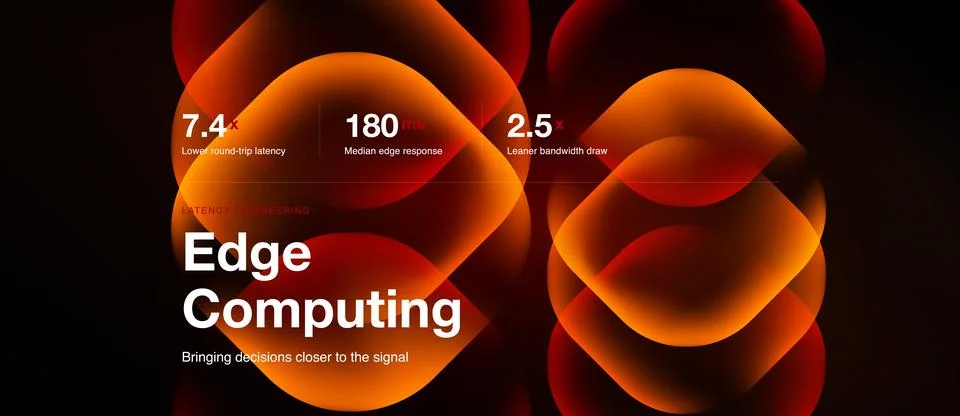 Image depicts edge computing concept. Orange shapes highlight latency, respon 스톡 일러스트