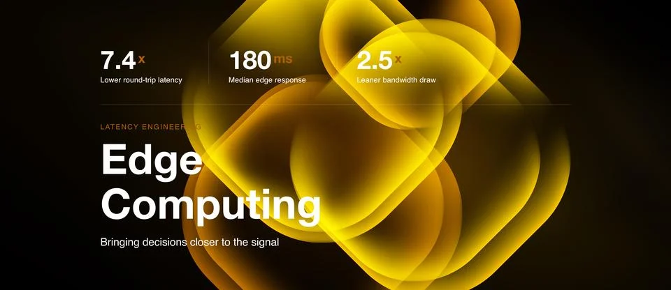 Image depicts edge computing concept. Yellow abstract shapes highlight latenc Stock Illustration