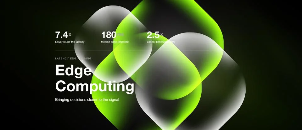 Image depicts edge computing concept. Numbers highlight latency improvements. Stock Illustration