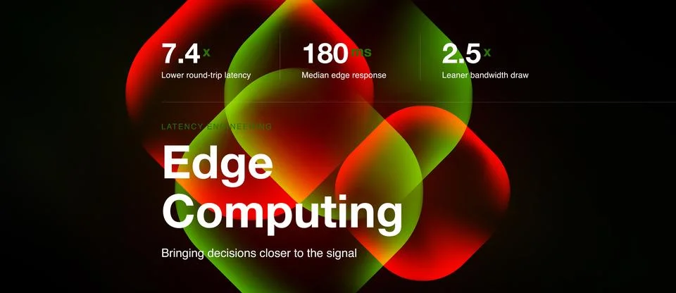 Image depicts edge computing concept. Metrics highlight latency, response tim Stock Illustration
