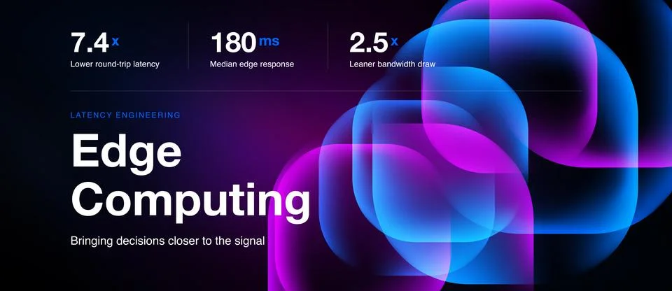 Image depicts edge computing concept. Metrics highlight latency, response tim Stock Illustration