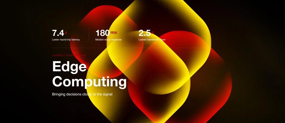 Image depicts edge computing concept. Metrics highlight low latency, fast Illustrazione stock