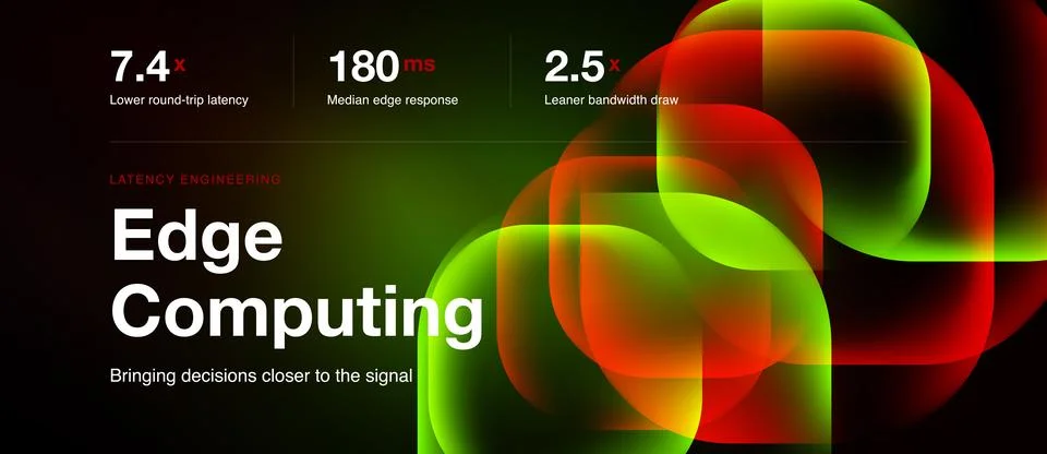 Image depicts edge computing concept. Metrics highlight latency, response tim Illustrazione stock