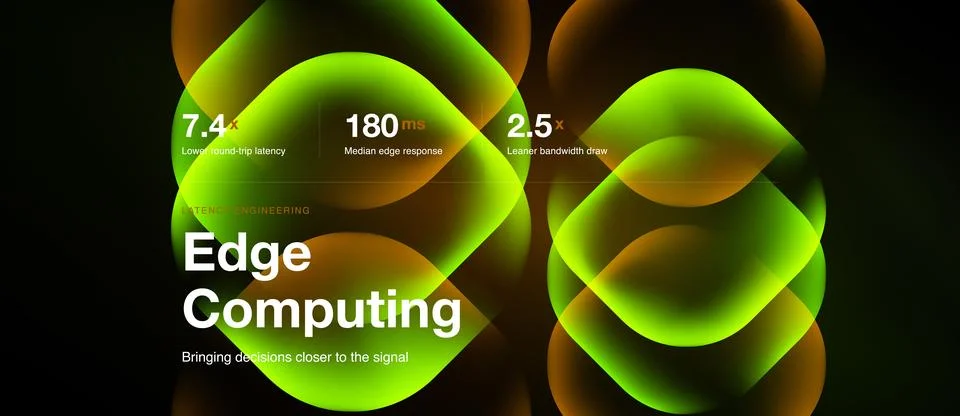 Image depicts edge computing concept. Metrics highlight latency, response tim Illustrazione stock