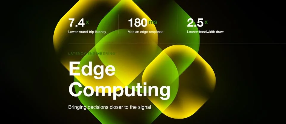 Image depicts edge computing concept. Green abstract shapes highlight latency 库存插图