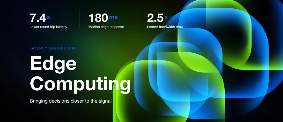 Image depicts edge computing concept. Metrics highlight latency, response tim 스톡 일러스트