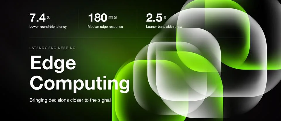 Image depicts edge computing concept. Green abstract shapes highlight latency Stock Illustration
