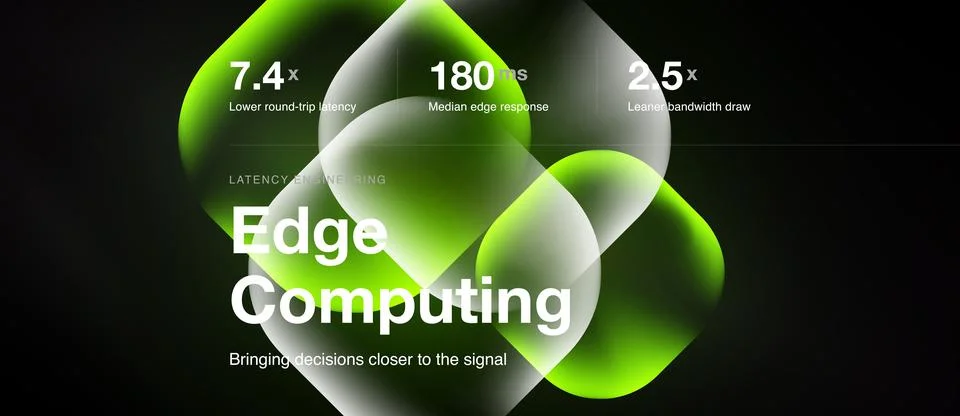 Image depicts edge computing concept. Green shapes highlight latency, respons Stock Illustration