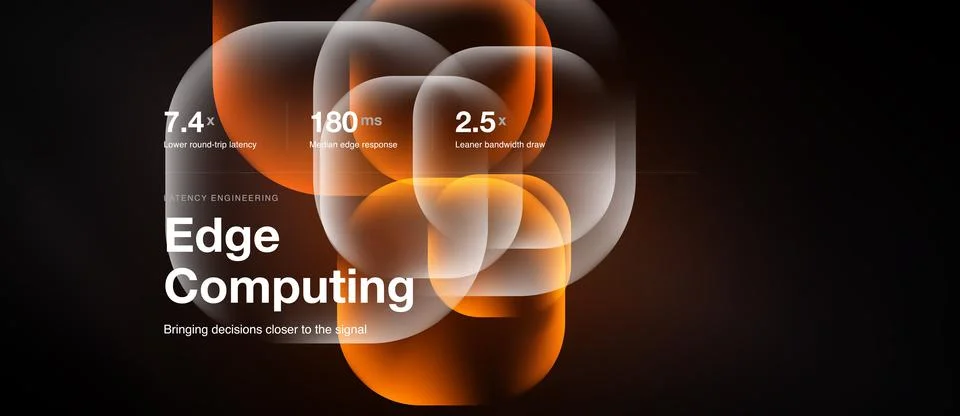 Image depicts edge computing concept. Orange circles highlight latency, res.. Stock Illustration
