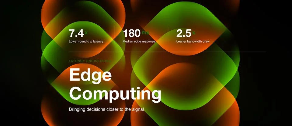 Image depicts edge computing concept. Metrics highlight latency, response tim Stock Illustration