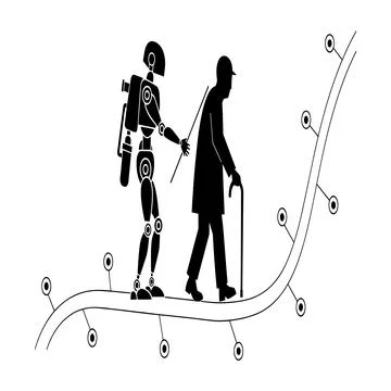 This image depicts an elderly man walking with the aid of a robotic exoskele Stock Illustration