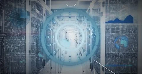 The image depicts a global network of computer servers processing data Stock Illustration