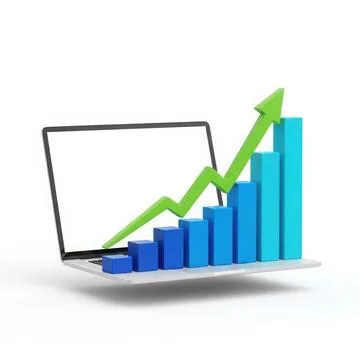The image depicts a laptop with a graph displayed on its screen. The graph .. Stock Illustration