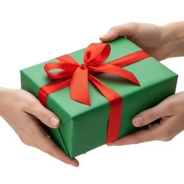 The image depicts a pair of hands gently handing over a green gift box ador.. Stock Illustration