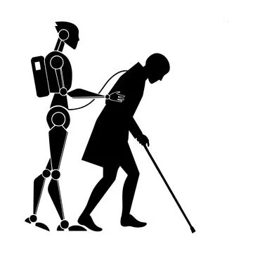 This image depicts a robot assisting an elderly person who is using a walkin Stock Illustration