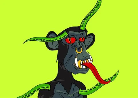 Image of devil evil monkey with horns and red eyes. Illustrazione stock
