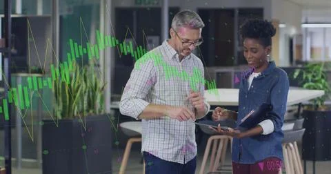 Image of diagram and data processing over diverse colleagues using tablet in Stock Photos