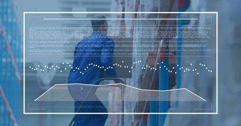 Image of diagram and data processing over caucasian male worker carrying carton Stock Photos