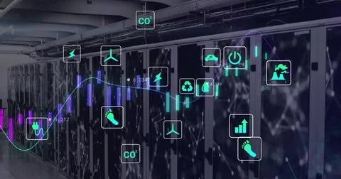 Image of diagram and data processing over server room 스톡 사진