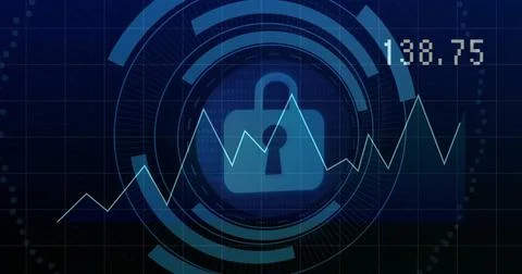 Image of diagram and data processing over padlock Foto stock