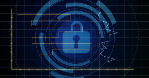 Image of diagram and data processing over padlock Stock Photos