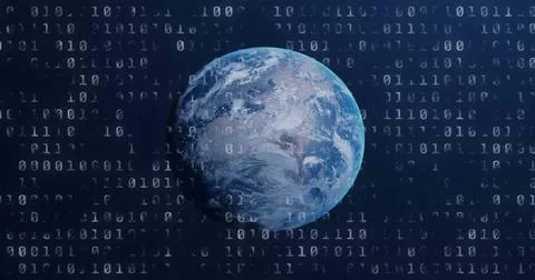 Image of diagrams and binary coding with globe over blue background 스톡 사진