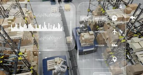 Image of diagrams and data processing over machines working in warehouse 스톡 일러스트