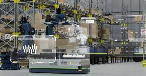 Image of diagrams and data processing over machines working in warehouse Stock Illustration