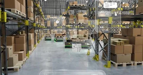 Image of diagrams and data processing over machines working in warehouse Stock Illustration