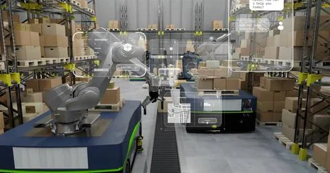 Image of diagrams and data processing over machines working in warehouse イラスト素材