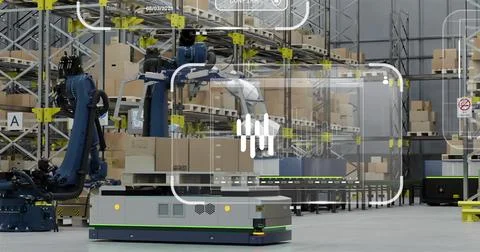 Image of diagrams and data processing over machines working in warehouse Illustrazione stock