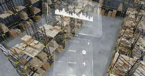 Image of diagrams and data processing over warehouse イラスト素材