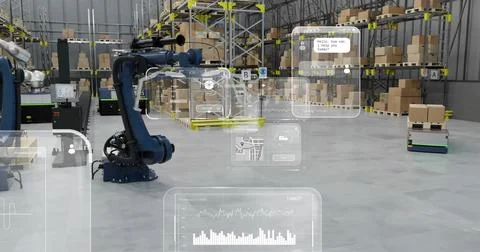 Image of diagrams and data processing over machines working in warehouse Stock Illustration